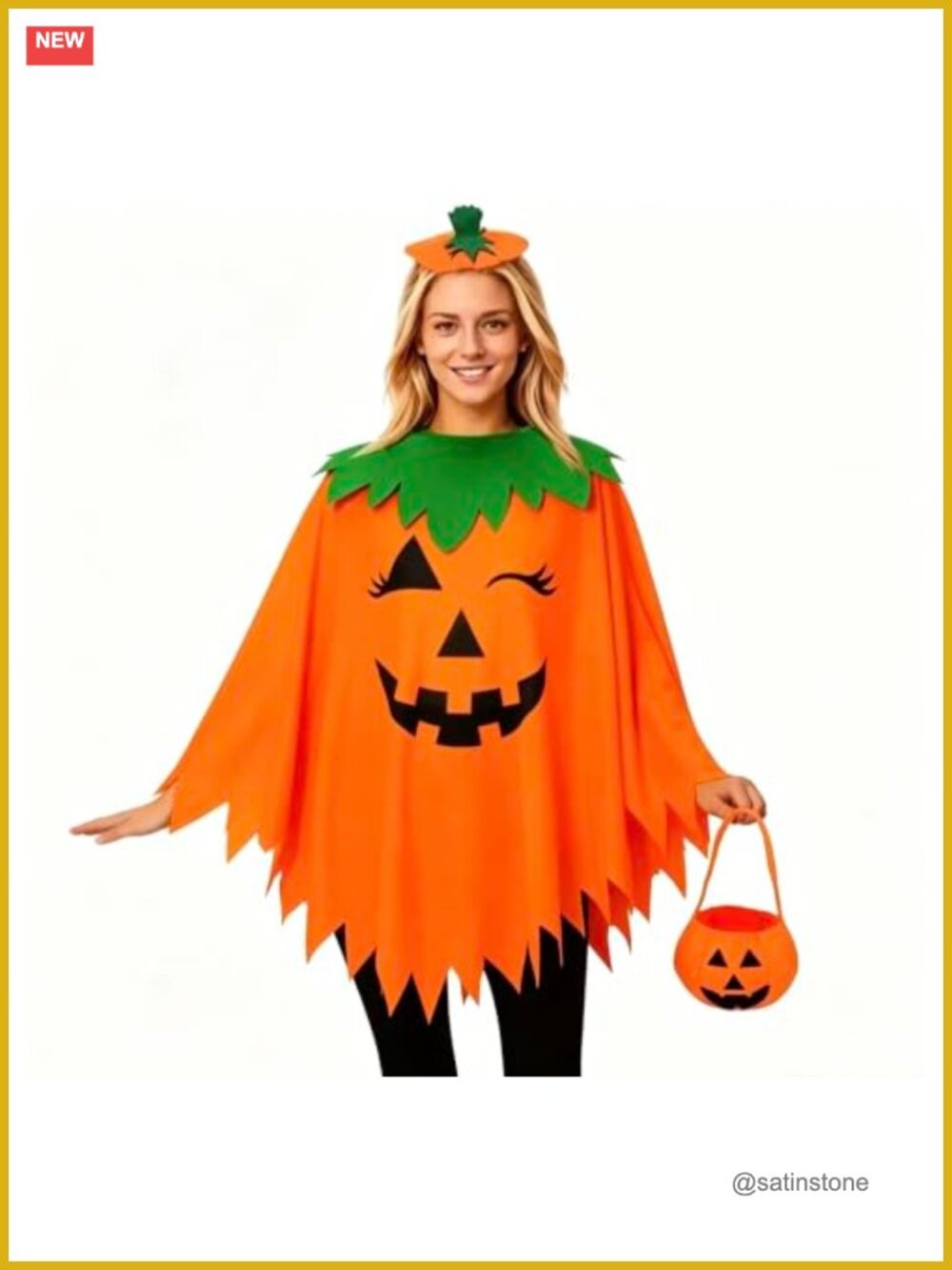 3-Piece Halloween Pumpkin Costume Set Poncho Headband Bag One Size